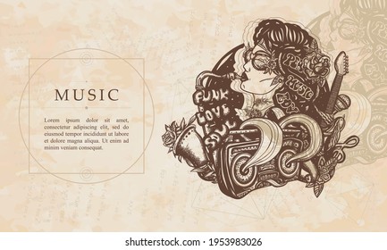 Música. Jazz, funk, soul, disco. Concepto de karaoke. Mujer hippie norteamericana. Chica musical, saxofón, guitarra y caja de boom retro. Antecedentes renacentistas. manuscrito medieval, arte grabado