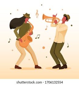 Music jazz player with trumpet and saxophone vector