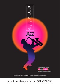 Music Jazz, Pop, Art Festival, Carnival, Attraction, Event and Exhibition poster, flyer design abstract dynamic sunset exotic composition, musician saxaphone player, colorful minimalist style vector