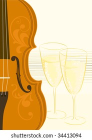 Music of Joy. Violin with ornaments and a pair of glasses of champagne.