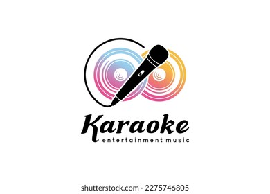 Music karaoke logo design, microphone icon vector illustration with speaker background