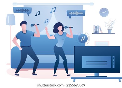 Music, Karaoke Time. Love Couple Sings Songs. Funny Characters Sings And Dancing. Living Room Interior. People Use Microphones. Home Party, Weekend Or Holiday Entertainment. Flat Vector Illustration