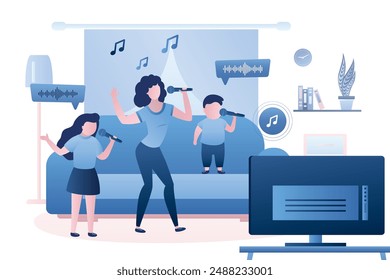 Música, tiempo de karaoke. Madre con hijos canta canciones. Niños divertidos y mamá canta y baila. Sala de estar interior. Las Personas usan micrófonos. Fiesta en casa, fin de semana o entretenimiento de vacaciones. Vector plano