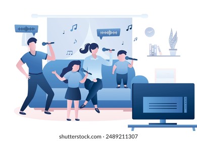 Música, tiempo de karaoke. Los padres con hijos cantan canciones. La familia canta y baila. Sala de estar interior. Las Personas usan micrófonos. Fiesta en casa, fin de semana o entretenimiento de vacaciones. Ilustración vectorial plana