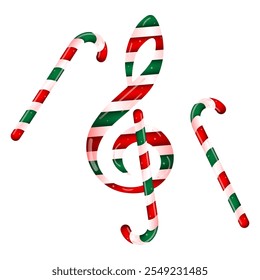 Music key with candy canes, Christmas musical element, vector illustration.