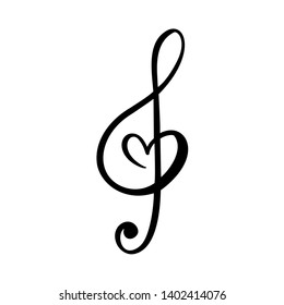 Music key and heart abstract hand drawn vector logo and icon. Musical theme flat design template. Isolated on the white background