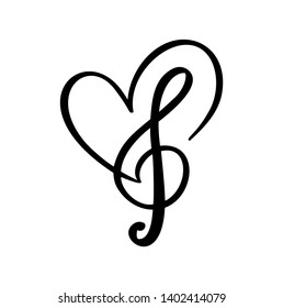 Music key and heart abstract hand drawn vector logo and icon. Musical theme flat design template. Isolated on the white background