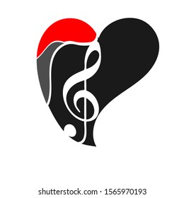Music key and heart abstract hand drawn vector logo and icon. Musical theme flat design template. Isolated on the white background
