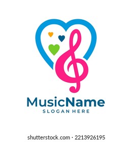 Music key and heart abstract hand drawn vector logo and icon. Musical theme flat design template. Isolated on the white background