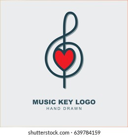Music key and heart abstract hand drawn logo and icon.
Musical theme flat design template.