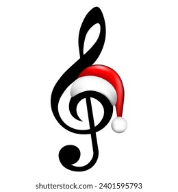 Music key with red Santa Claus hat, isolated vector illustration. svg
