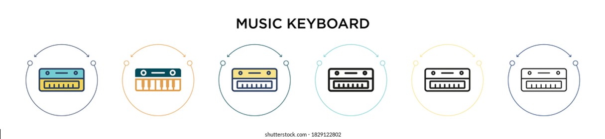 Music keyboard icon in filled, thin line, outline and stroke style. Vector illustration of two colored and black music keyboard vector icons designs can be used for mobile, ui, web