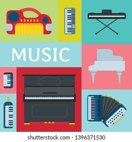 Music keyboard instrument playing synthesizer equipment vector illustration. Harmony performance entertainment electric piano poster. Instrumental song orchestra guitar.