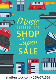 Music keyboard instrument playing synthesizer equipment shop sale banner design vector illustration. Harmony performance entertainment electric piano poster.
