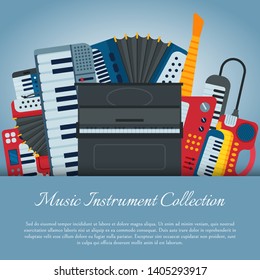 Music keyboard instrument playing synthesizer equipment design vector illustration. Harmony performance entertainment electric piano poster. Instrumental song orchestra guitar