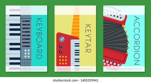 Music keyboard instrument playing synthesizer equipment cards design vector illustration. Harmony performance entertainment electric piano poster. Instrumental song orchestra guitar