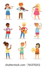 Music kids vector cartoon characters set of children singing or playing musical instruments guitar, violin and flute in childhood kiddy illustration isolated on white background