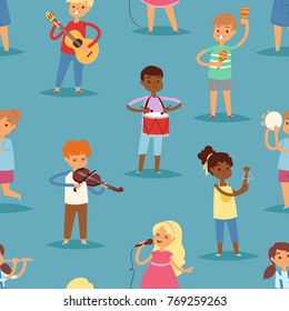 Music kids vector cartoon characters set of children singing or playing musical instruments guitar, violin and flute in childhood kiddy illustration seamless pattern background