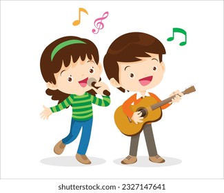 Music kids.Play music concept of music school.Cartoon dancing kids and kids with musical instruments.cute child musician various actions playing music