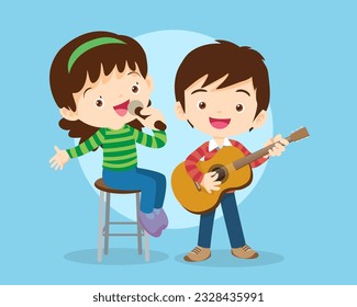 Music kids.Play music concept of music school.Cartoon dancing kids and kids with musical instruments.cute child musician various actions playing music