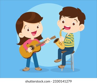 Music kids.Play music concept of music school.Cartoon dancing kids and kids with musical instruments.cute child musician various actions playing music