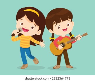 Music kids.Play music concept of music school.Cartoon dancing kids and kids with musical instruments.cute child musician various actions playing music