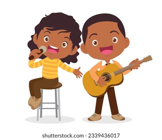 Music kids.Play music concept of music school.Cartoon dancing kids and kids with musical instruments.cute child musician various actions playing music