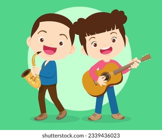Music kids.Play music concept of music school.Cartoon dancing kids and kids with musical instruments.cute child musician various actions playing music