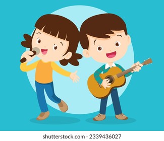 Music kids.Play music concept of music school.Cartoon dancing kids and kids with musical instruments.cute child musician various actions playing music