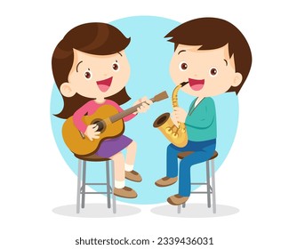 Music kids.Play music concept of music school.Cartoon dancing kids and kids with musical instruments.cute child musician various actions playing music
