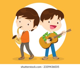 Music kids.Play music concept of music school.Cartoon dancing kids and kids with musical instruments.cute child musician various actions playing music
