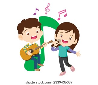 Music kids.Play music concept of music school.Cartoon dancing kids and kids with musical instruments.cute child musician various actions playing music