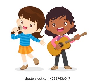 Music kids.Play music concept of music school.Cartoon dancing kids and kids with musical instruments.cute child musician various actions playing music