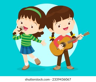 Music kids.Play music concept of music school.Cartoon dancing kids and kids with musical instruments.cute child musician various actions playing music