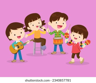 Music kids.Play music concept of music school.Cartoon dancing kids and kids with musical instruments.cute child musician various actions playing music