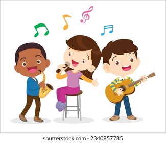 Music kids.Play music concept of music school.Cartoon dancing kids and kids with musical instruments.cute child musician various actions playing music