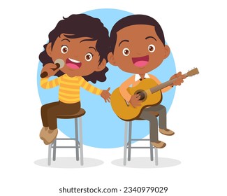 Music kids.Play music concept of music school.Cartoon dancing kids and kids with musical instruments.cute child musician various actions playing music