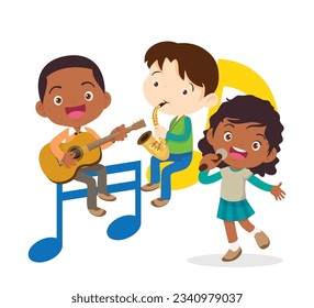 Music kids.Play music concept of music school.Cartoon dancing kids and kids with musical instruments.cute child musician various actions playing music