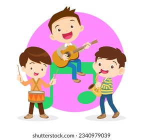 Music kids.Play music concept of music school.Cartoon dancing kids and kids with musical instruments.cute child musician various actions playing music