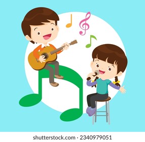 Music kids.Play music concept of music school.Cartoon dancing kids and kids with musical instruments.cute child musician various actions playing music