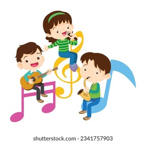 Music kids.Play music concept of music school.Cartoon dancing kids and kids with musical instruments.cute child musician various actions playing music