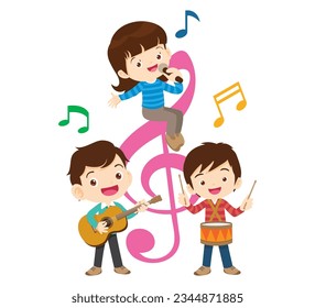 Music kids.Play music concept of music school.Cartoon dancing kids and kids with musical instruments.cute child musician various actions playing music