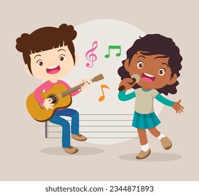 Music kids.Play music concept of music school.Cartoon dancing kids and kids with musical instruments.cute child musician various actions playing music