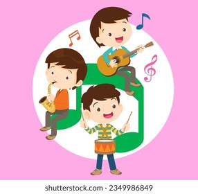 Music kids.Play music concept of music school.Cartoon dancing kids and kids with musical instruments.cute child musician various actions playing music