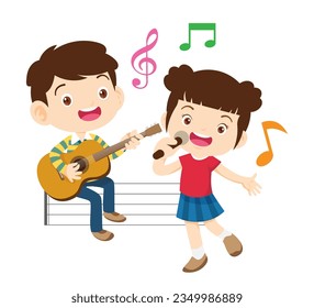 Music kids.Play music concept of music school.Cartoon dancing kids and kids with musical instruments.cute child musician various actions playing music