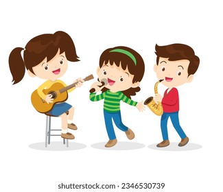 Music kids.Play music concept of music school.cute child musician various actions playing music