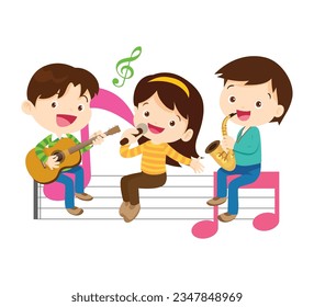 Music kids.Play music concept of music school.kids with musical instruments.cute child musician various actions playing music