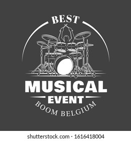 Music label isolated on black background. Drummer plays percussion instruments. Design element. Template for logo, signage, branding design. Vector illustration