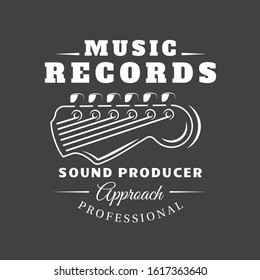 Music label isolated on black background. Guitars silhouette. Design element. Template for logo, signage, branding design. Vector illustration