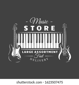Music label isolated on black background. Silhouette of guitars and piano keyboard. Design element. Template for logo, signage, branding design. Vector illustration